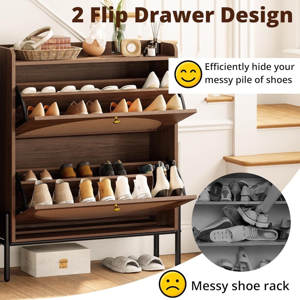 IRONCK Shoe Cabinet Storage with 2 Flip Drawers, Free Standing Wooden Shoe Storage Organizer Cabinet with Rattan Doors for Entryway, Narrow Shoe Rack Cabinet, Oak - Wigtrends