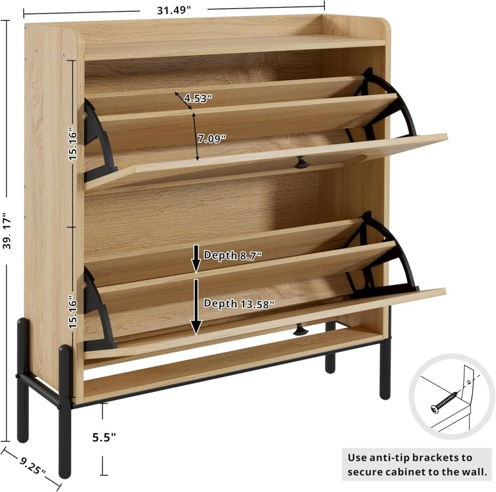 IRONCK Shoe Cabinet Storage with 2 Flip Drawers, Free Standing Wooden Shoe Storage Organizer Cabinet with Rattan Doors for Entryway, Narrow Shoe Rack Cabinet, Oak - Wigtrends