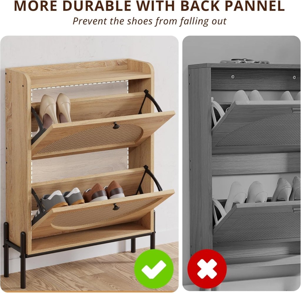 IRONCK Shoe Cabinet Storage with 2 Flip Drawers, Free Standing Wooden Shoe Storage Organizer Cabinet with Rattan Doors for Entryway, Narrow Shoe Rack Cabinet, Oak - Wigtrends
