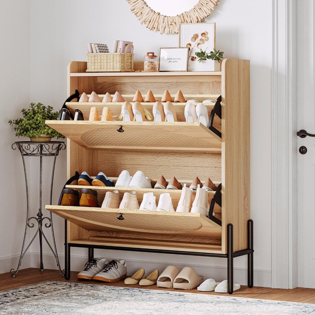 IRONCK Shoe Cabinet Storage with 2 Flip Drawers, Free Standing Wooden Shoe Storage Organizer Cabinet with Rattan Doors for Entryway, Narrow Shoe Rack Cabinet, Oak - Wigtrends
