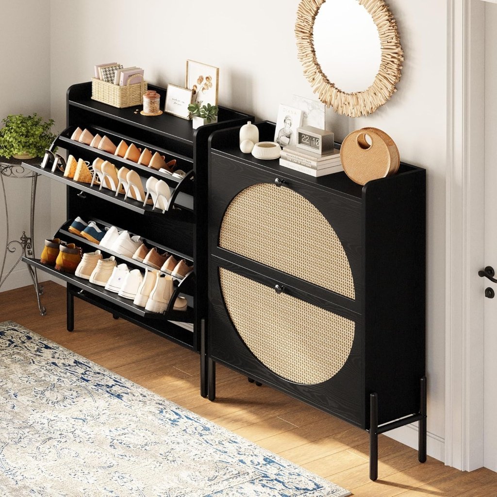 IRONCK Shoe Cabinet Storage with 2 Flip Drawers, Free Standing Wooden Shoe Storage Organizer Cabinet with Rattan Doors for Entryway, Narrow Shoe Rack Cabinet, Oak - Wigtrends