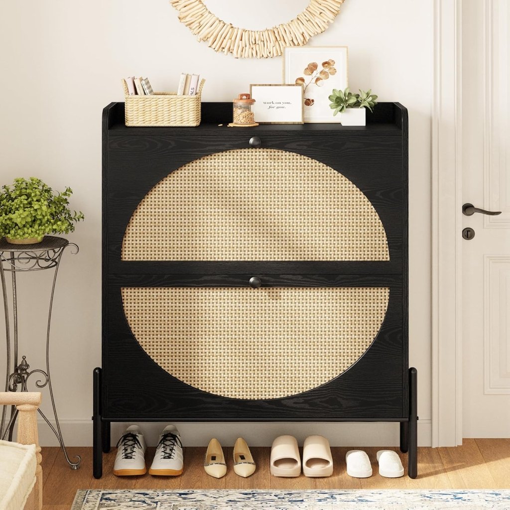 IRONCK Shoe Cabinet Storage with 2 Flip Drawers, Free Standing Wooden Shoe Storage Organizer Cabinet with Rattan Doors for Entryway, Narrow Shoe Rack Cabinet, Oak - Wigtrends