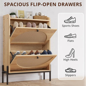 IRONCK Shoe Cabinet Storage with 2 Flip Drawers, Free Standing Wooden Shoe Storage Organizer Cabinet with Rattan Doors for Entryway, Narrow Shoe Rack Cabinet, Oak - Wigtrends