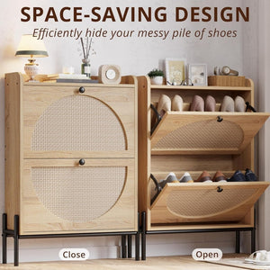 IRONCK Shoe Cabinet Storage with 2 Flip Drawers, Free Standing Wooden Shoe Storage Organizer Cabinet with Rattan Doors for Entryway, Narrow Shoe Rack Cabinet, Oak - Wigtrends