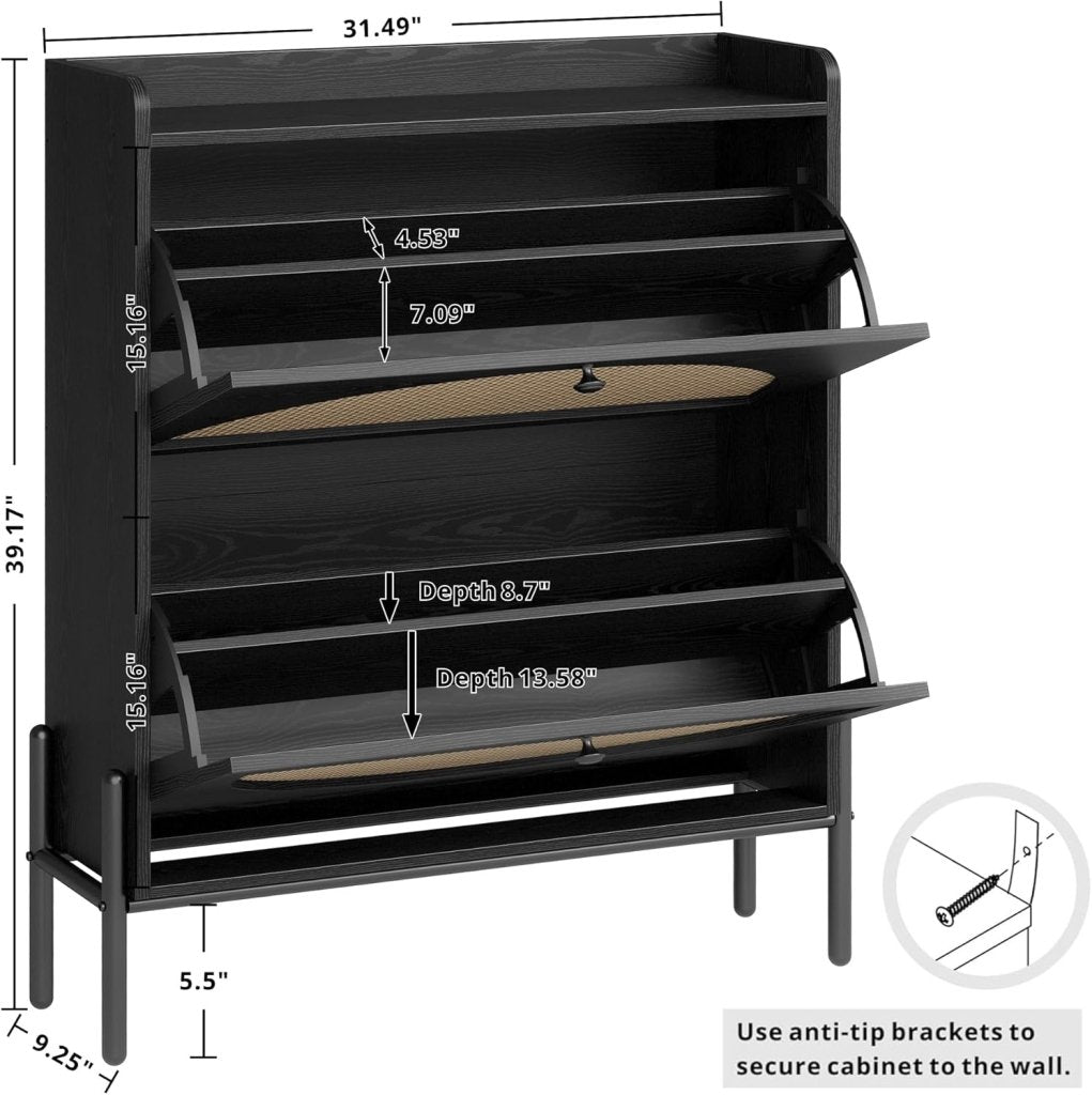 IRONCK Shoe Cabinet Storage with 2 Flip Drawers, Free Standing Wooden Shoe Storage Organizer Cabinet with Rattan Doors for Entryway, Narrow Shoe Rack Cabinet, Oak - Wigtrends