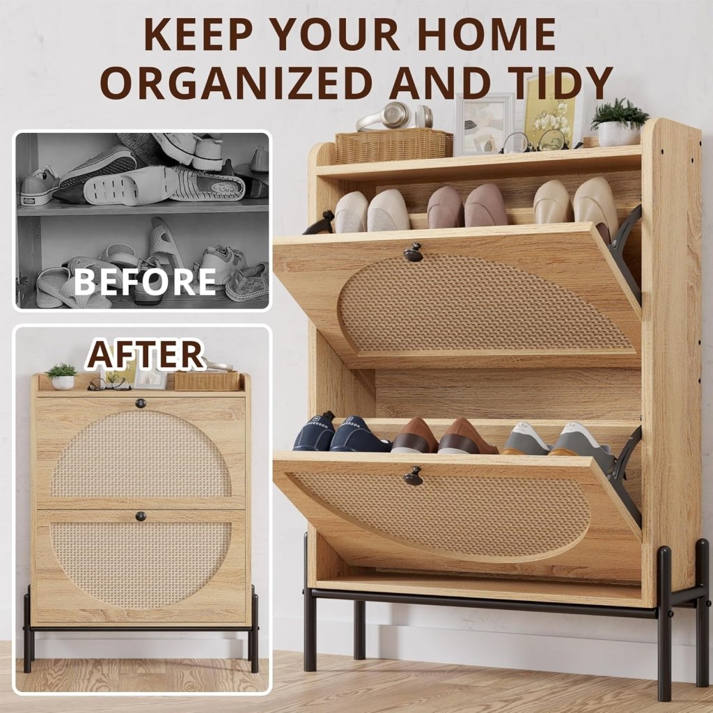 IRONCK Shoe Cabinet Storage with 2 Flip Drawers, Free Standing Wooden Shoe Storage Organizer Cabinet with Rattan Doors for Entryway, Narrow Shoe Rack Cabinet, Oak - Wigtrends