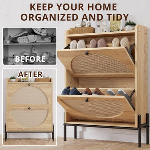 IRONCK Shoe Cabinet Storage with 2 Flip Drawers, Free Standing Wooden Shoe Storage Organizer Cabinet with Rattan Doors for Entryway, Narrow Shoe Rack Cabinet, Oak - Wigtrends