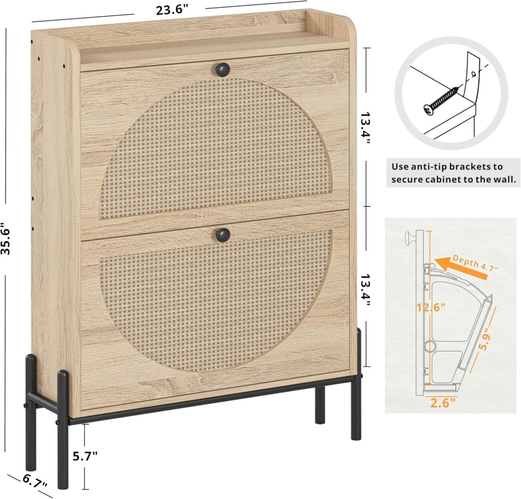 IRONCK Shoe Cabinet Storage with 2 Flip Drawers, Free Standing Wooden Shoe Storage Organizer Cabinet with Rattan Doors for Entryway, Narrow Shoe Rack Cabinet, Oak - Wigtrends
