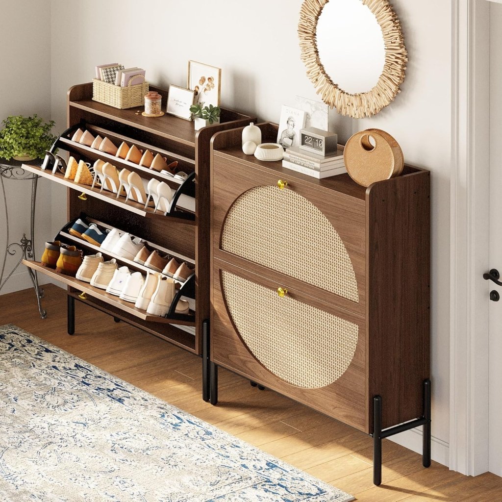 IRONCK Shoe Cabinet Storage with 2 Flip Drawers, Free Standing Wooden Shoe Storage Organizer Cabinet with Rattan Doors for Entryway, Narrow Shoe Rack Cabinet, Oak - Wigtrends