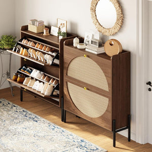 IRONCK Shoe Cabinet Storage with 2 Flip Drawers, Free Standing Wooden Shoe Storage Organizer Cabinet with Rattan Doors for Entryway, Narrow Shoe Rack Cabinet, Oak - Wigtrends