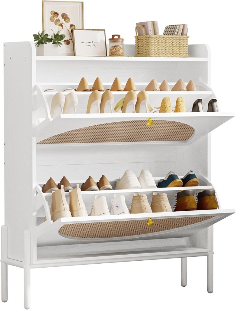 IRONCK Shoe Cabinet Storage with 2 Flip Drawers, Free Standing Wooden Shoe Storage Organizer Cabinet with Rattan Doors for Entryway, Narrow Shoe Rack Cabinet, Oak - Wigtrends