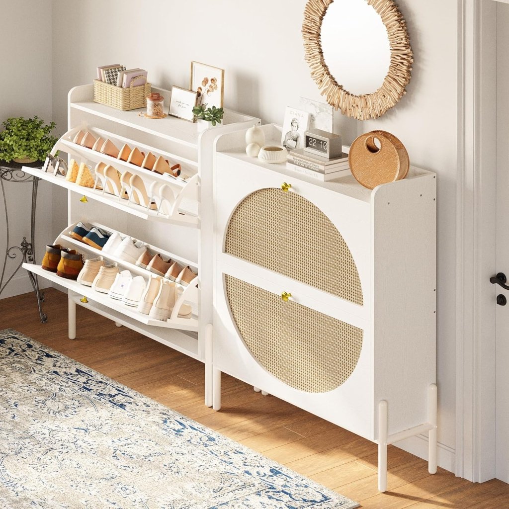 IRONCK Shoe Cabinet Storage with 2 Flip Drawers, Free Standing Wooden Shoe Storage Organizer Cabinet with Rattan Doors for Entryway, Narrow Shoe Rack Cabinet, Oak - Wigtrends