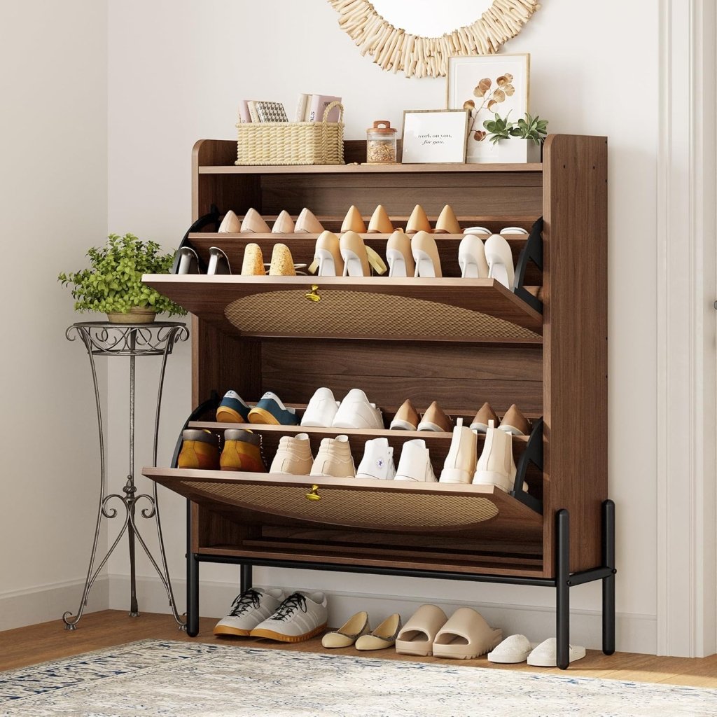 IRONCK Shoe Cabinet Storage with 2 Flip Drawers, Free Standing Wooden Shoe Storage Organizer Cabinet with Rattan Doors for Entryway, Narrow Shoe Rack Cabinet, Oak - Wigtrends
