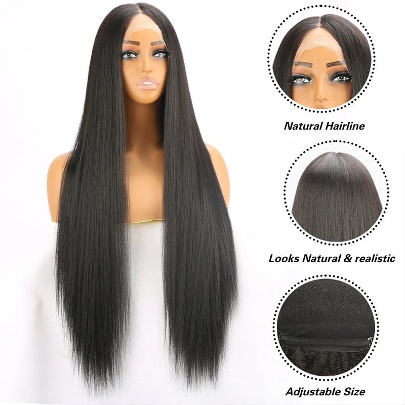 Jet Black Long Straight Synthetic Lace Front Wig - Wigtrends