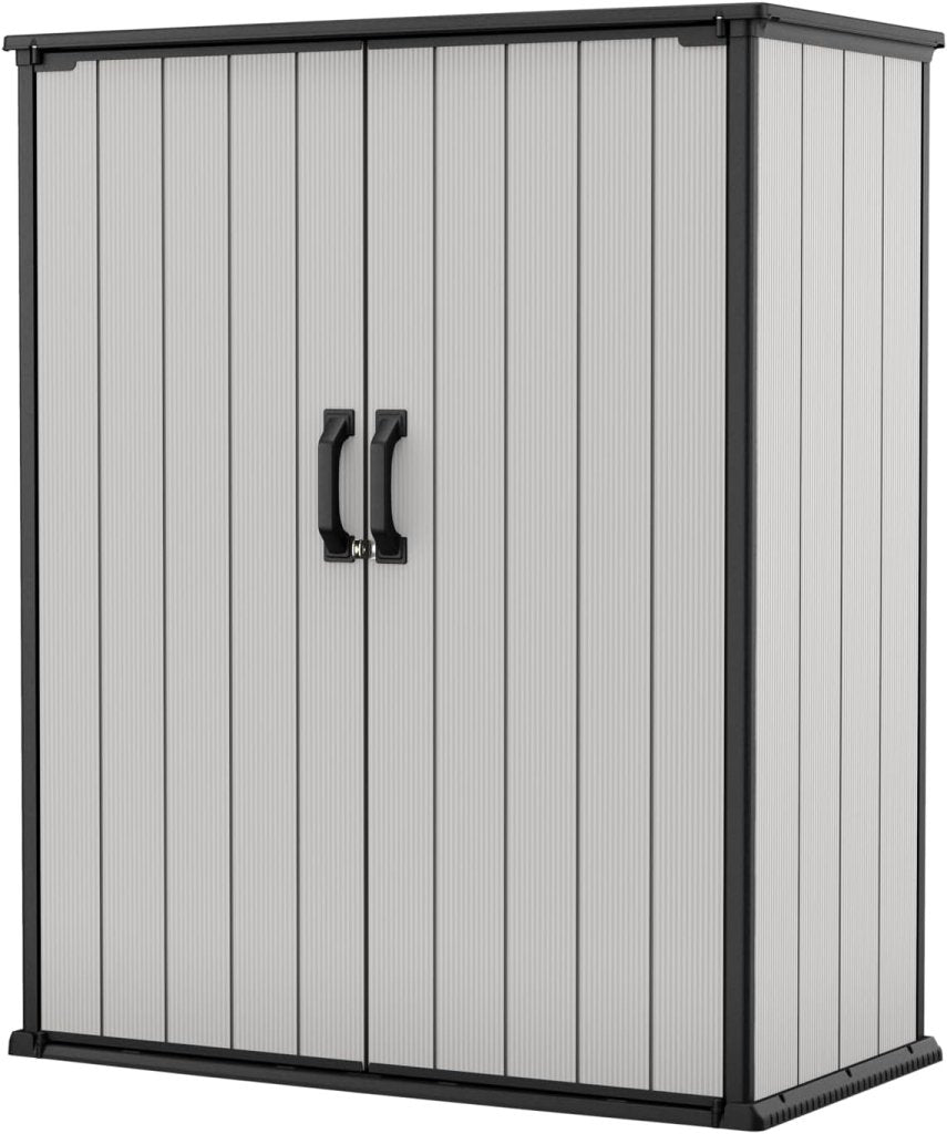 Keter Premier Tall 4.6 x 5.6 ft. Resin Outdoor Storage Shed with Shelving Brackets for Patio Furniture, Pool Accessories, and Bikes, Grey & Black - Wigtrends