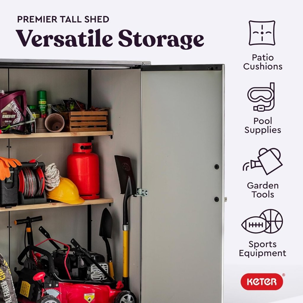 Keter Premier Tall 4.6 x 5.6 ft. Resin Outdoor Storage Shed with Shelving Brackets for Patio Furniture, Pool Accessories, and Bikes, Grey & Black - Wigtrends