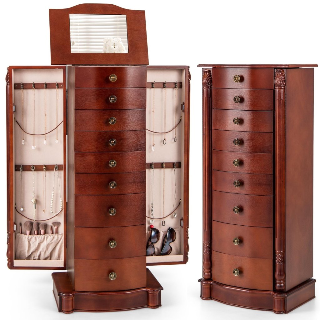 Large Jewelry Armoire Cabinet, Standing Cambered Front Storage Chest Standing Jewelry Armoire, Dark Walnut - Wigtrends