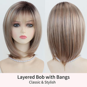 Layered Blonde Bob Wigs for White Women with Bangs Straight Short Hair Wig human hair wigs - Wigtrends