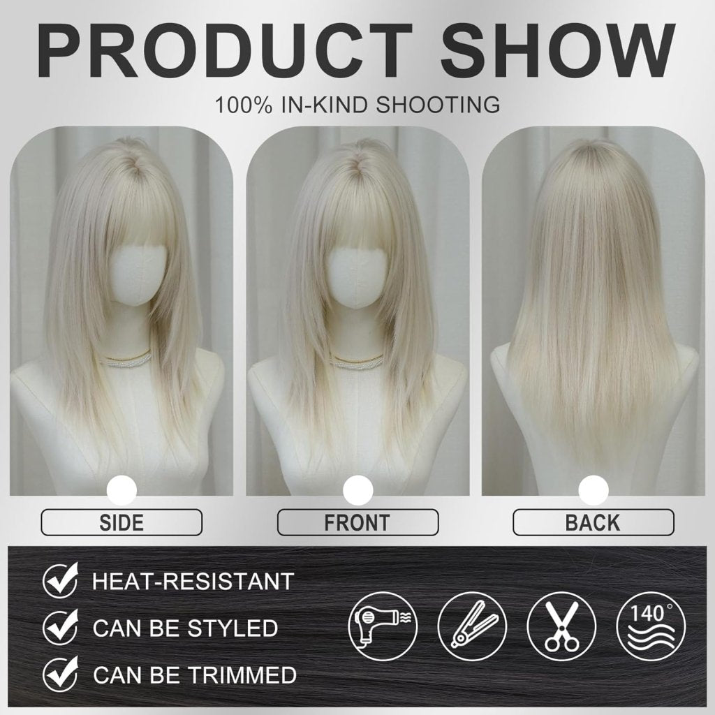 Long Straight Silver White Synthetic Layered Wig with Bangs 24inch Platinum Wig - Wigtrends