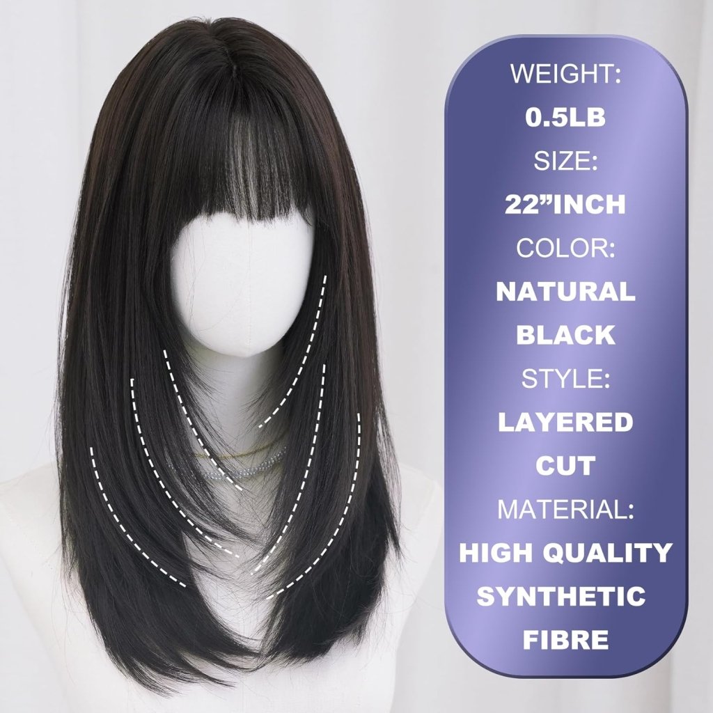 Long Straight Silver White Synthetic Layered Wig with Bangs 24inch Platinum Wig - Wigtrends