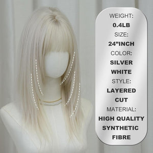 Long Straight Silver White Synthetic Layered Wig with Bangs 24inch Platinum Wig - Wigtrends