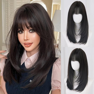 Long Straight Silver White Synthetic Layered Wig with Bangs 24inch Platinum Wig - Wigtrends