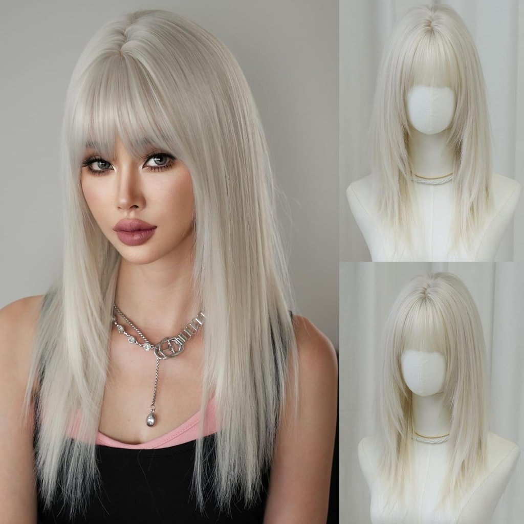 Long Straight Silver White Synthetic Layered Wig with Bangs 24inch Platinum Wig - Wigtrends