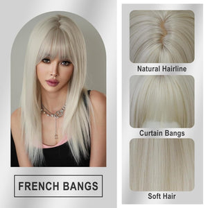 Long Straight Silver White Synthetic Layered Wig with Bangs 24inch Platinum Wig - Wigtrends