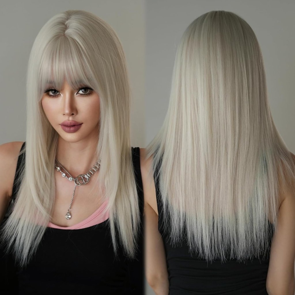 Long Straight Silver White Synthetic Layered Wig with Bangs 24inch Platinum Wig - Wigtrends