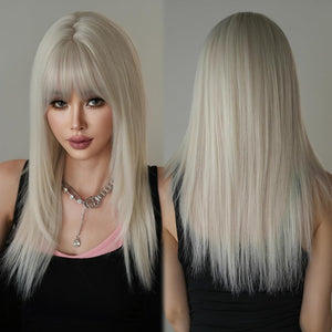 Long Straight Silver White Synthetic Layered Wig with Bangs 24inch Platinum Wig - Wigtrends