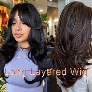 Long Wavy Gray Wig Layered Wig with Curtain Bangs for Women Synthetic Wig - Wigtrends