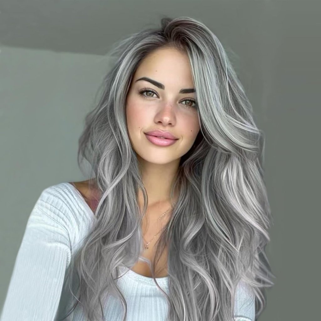 Long Wavy Gray Wig Layered Wig with Curtain Bangs for Women Synthetic Wig - Wigtrends