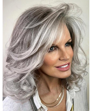 Medium Grey Wavy Bob Wigs for Women Gray to White Layered Wig Old Lady Synthetic Wig - Wigtrends