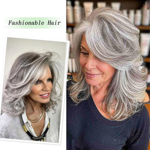 Medium Grey Wavy Bob Wigs for Women Gray to White Layered Wig Old Lady Synthetic Wig - Wigtrends