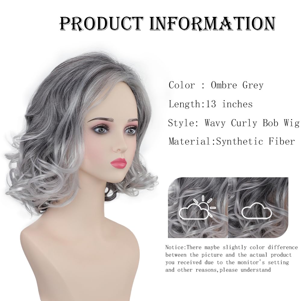 Medium Grey Wavy Bob Wigs for Women Gray to White Layered Wig Old Lady Synthetic Wig - Wigtrends