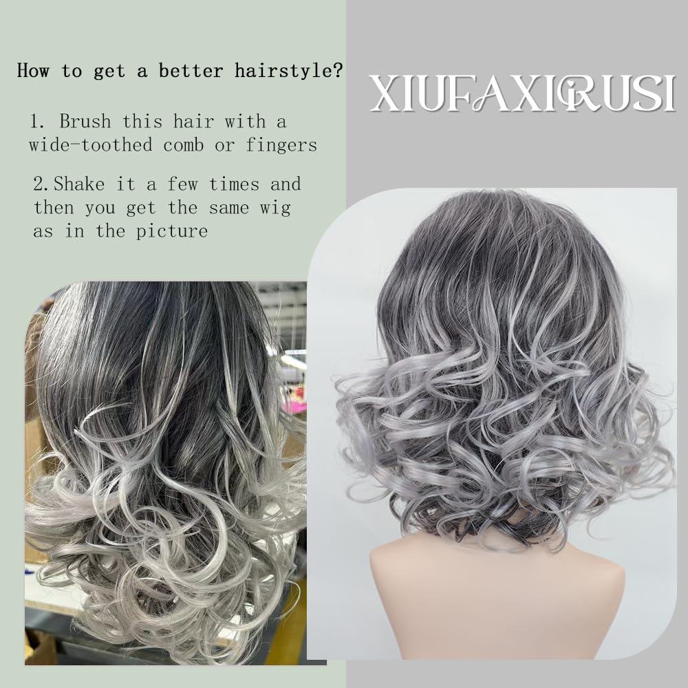 Medium Grey Wavy Bob Wigs for Women Gray to White Layered Wig Old Lady Synthetic Wig - Wigtrends