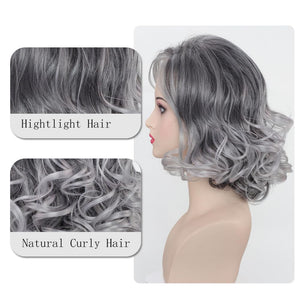 Medium Grey Wavy Bob Wigs for Women Gray to White Layered Wig Old Lady Synthetic Wig - Wigtrends