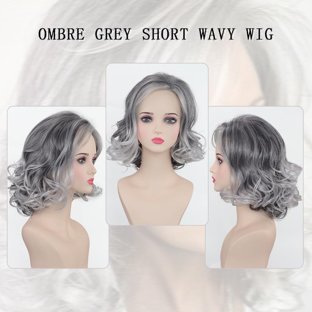 Medium Grey Wavy Bob Wigs for Women Gray to White Layered Wig Old Lady Synthetic Wig - Wigtrends