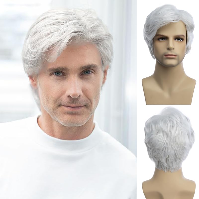 Men Wigs Short Silver Gray Wig Synthetic Heat Resistant Hair Wig - Wigtrends