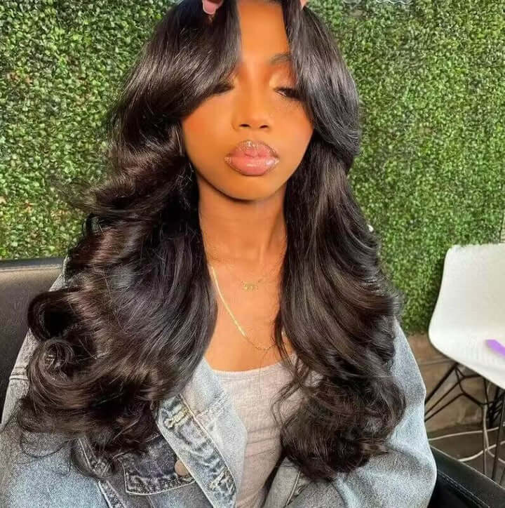 Natural Black Curtain Bangs Body Wave Wig - Wigtrends
