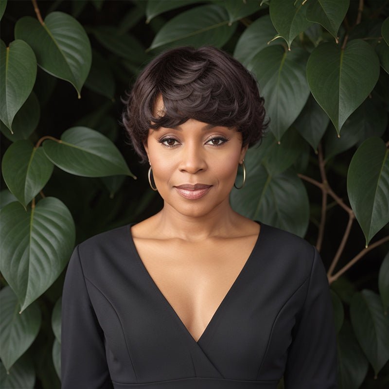 Natural Black Short Cut With Soft Pin Curly Bangs Human Hair - Wigtrends