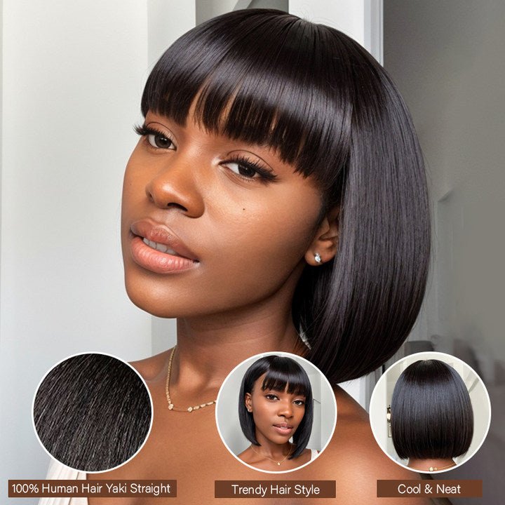 Nature Glueless Natural Black Yaki Straight Bob With Bangs Wig 100% Human Hair Wigs - Wigtrends