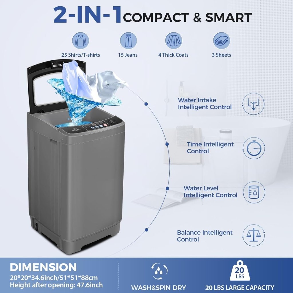 Nictemaw Portable Washing Machine, 20Lbs Capacity Full - Automatic Portable Washer Machine, 2.8Cu.ft Washer and Dryer Combo with Drain Pump, 10 Programs & 8 Water Levels for Apartment, Dorms, RV - Wigtrends