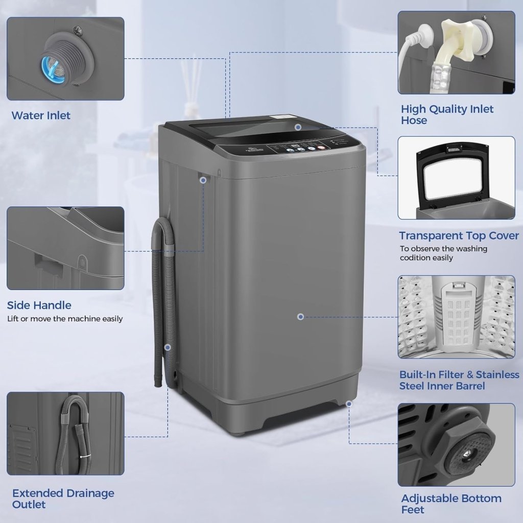 Nictemaw Portable Washing Machine, 20Lbs Capacity Full - Automatic Portable Washer Machine, 2.8Cu.ft Washer and Dryer Combo with Drain Pump, 10 Programs & 8 Water Levels for Apartment, Dorms, RV - Wigtrends