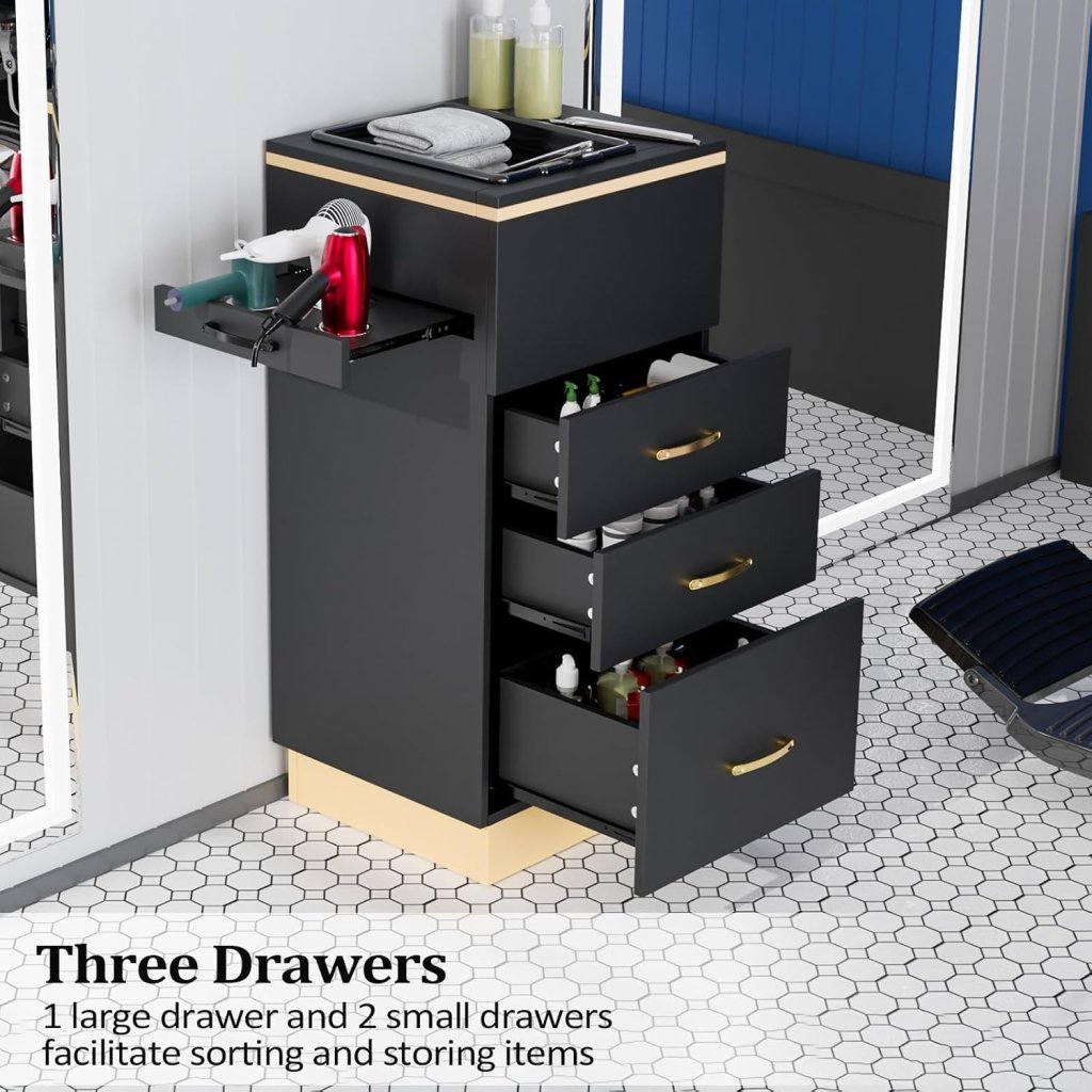 OmySalon Salon Storage Station, Barber Stations Beauty Salon Spa Equipment with 3 Drawers, a Storage Basin, 3 Hair Dryer Holders for Hair Styling, White Gold - Wigtrends