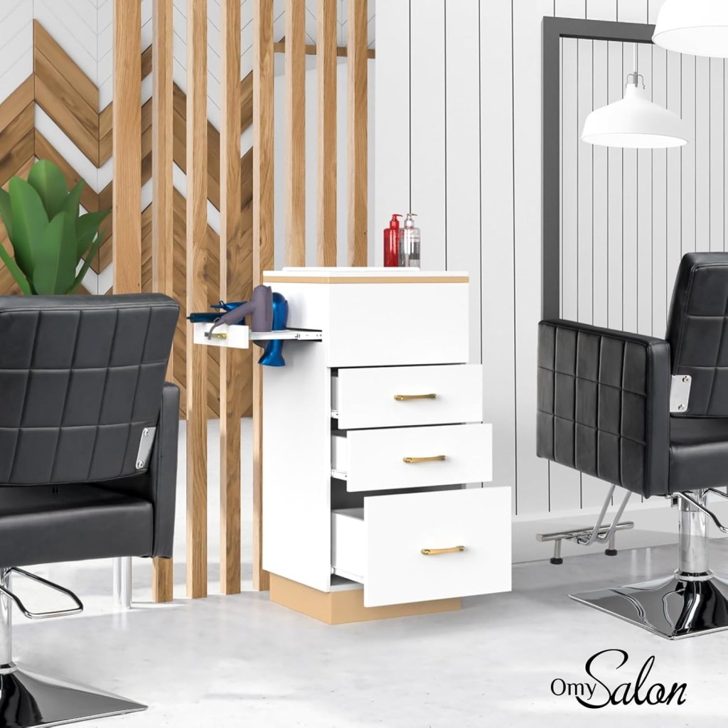 OmySalon Salon Storage Station, Barber Stations Beauty Salon Spa Equipment with 3 Drawers, a Storage Basin, 3 Hair Dryer Holders for Hair Styling, White Gold - Wigtrends
