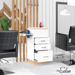 OmySalon Salon Storage Station, Barber Stations Beauty Salon Spa Equipment with 3 Drawers, a Storage Basin, 3 Hair Dryer Holders for Hair Styling, White Gold - Wigtrends