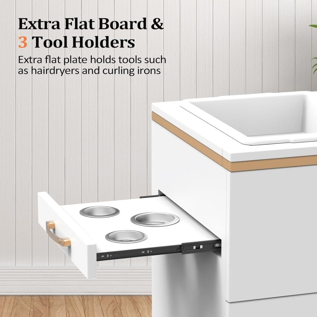 OmySalon Salon Storage Station, Barber Stations Beauty Salon Spa Equipment with 3 Drawers, a Storage Basin, 3 Hair Dryer Holders for Hair Styling, White Gold - Wigtrends