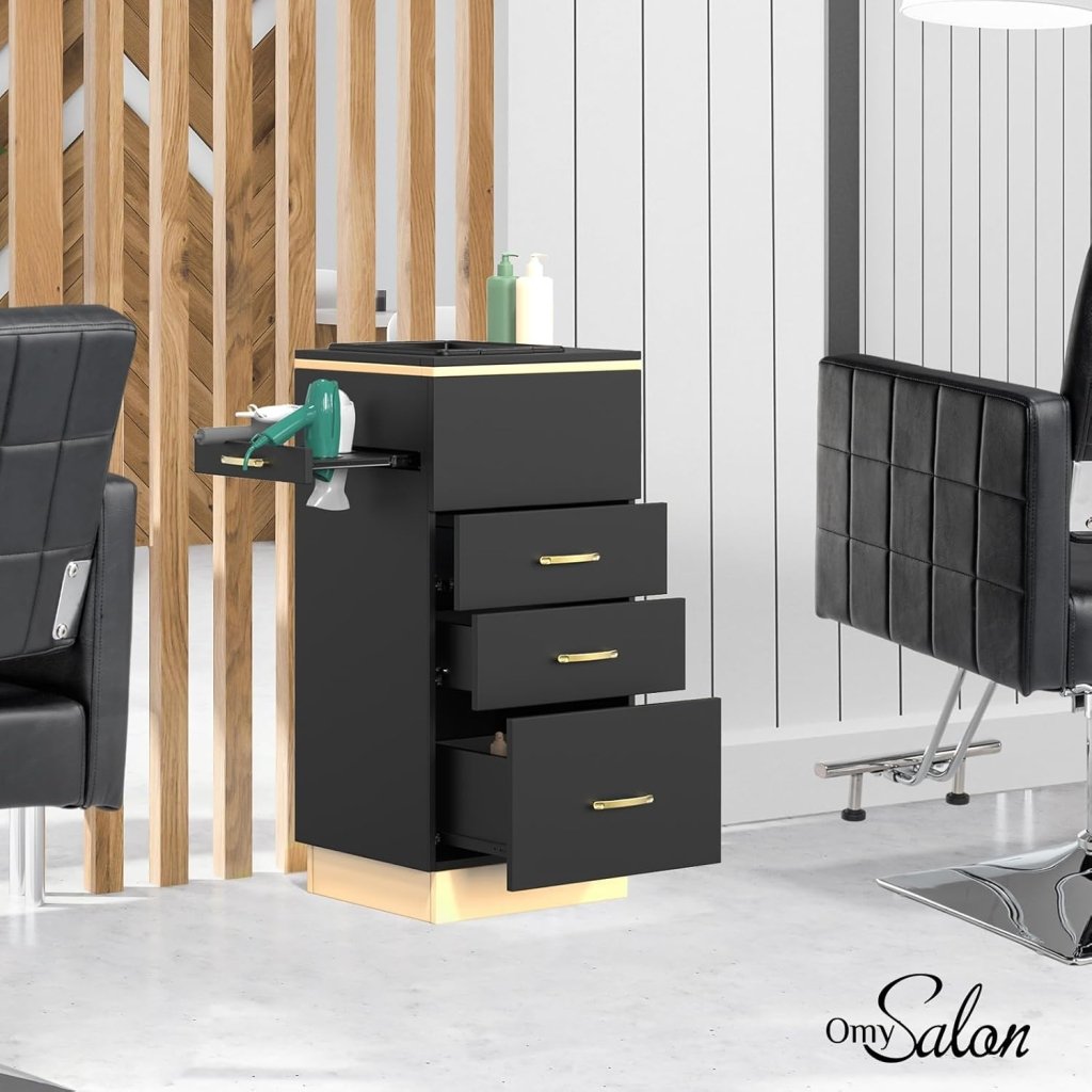 OmySalon Salon Storage Station, Barber Stations Beauty Salon Spa Equipment with 3 Drawers, a Storage Basin, 3 Hair Dryer Holders for Hair Styling, White Gold - Wigtrends