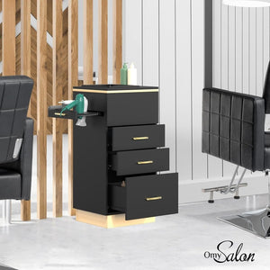 OmySalon Salon Storage Station, Barber Stations Beauty Salon Spa Equipment with 3 Drawers, a Storage Basin, 3 Hair Dryer Holders for Hair Styling, White Gold - Wigtrends